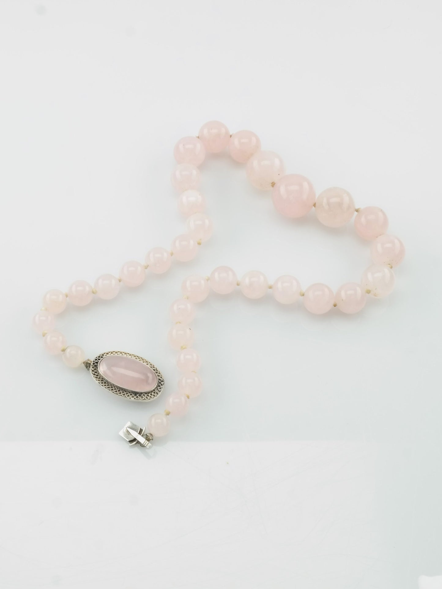 Natural Rose Quartz Filigree Necklace Sterling Silver