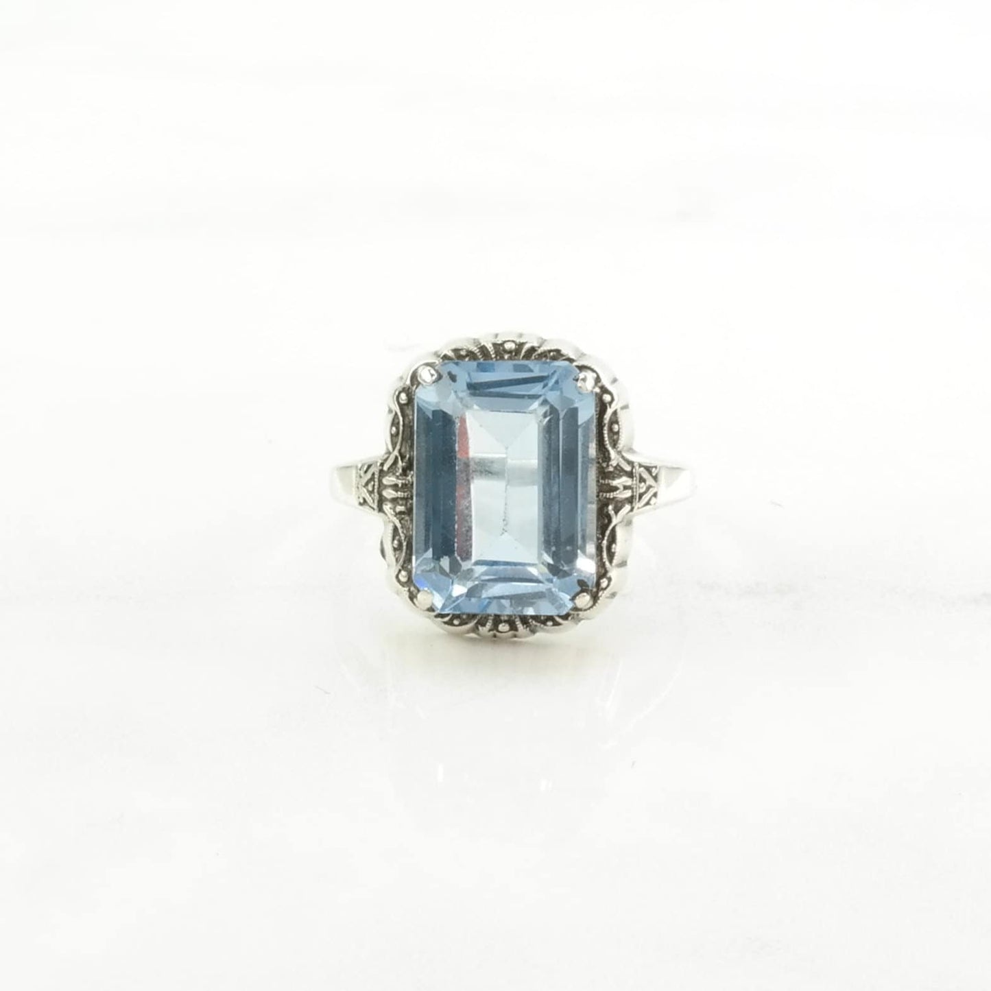 Art Deco Silver Ring Synthetic Spinel Sterling Blue Size 6 3/4