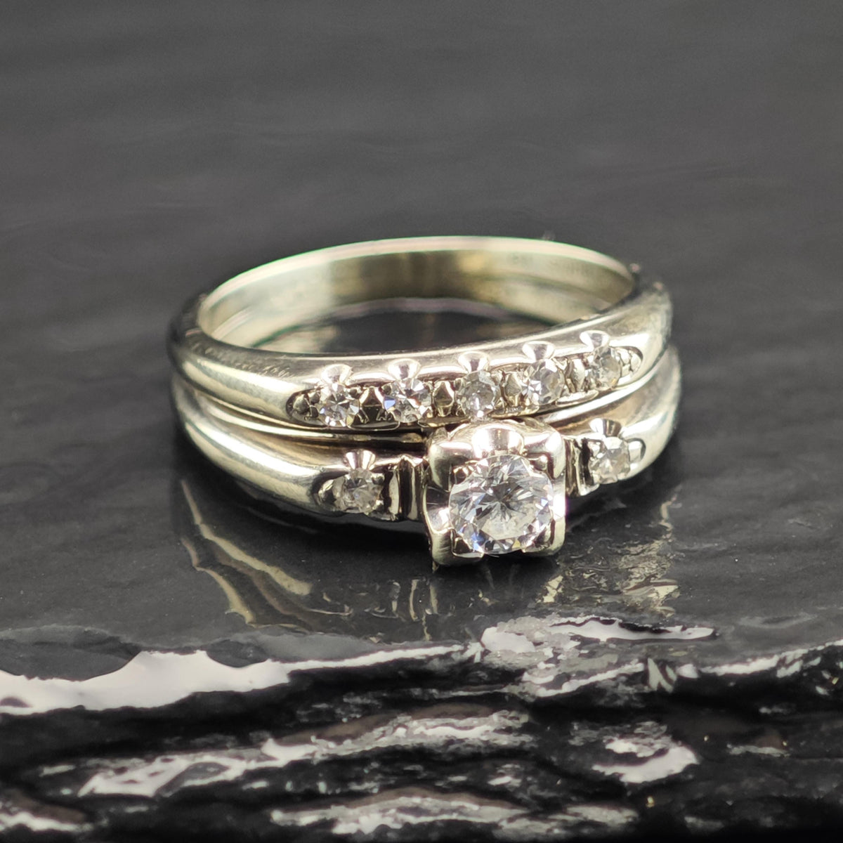 Diamond Double Band 18K White Gold Ring Sz 5 1/4 R6766