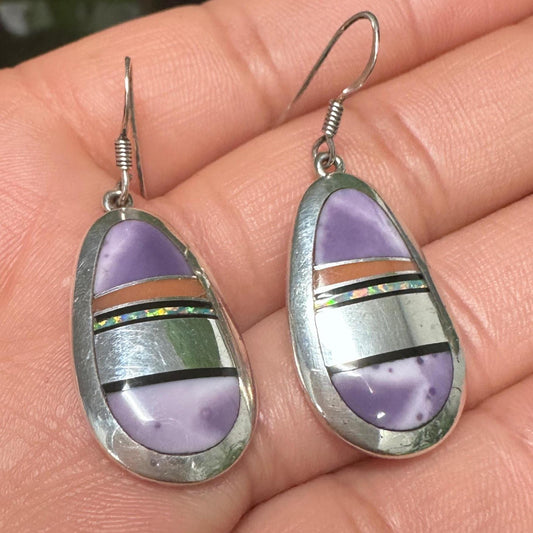 Native American Purple Inlay Fish Hook Earrings Sterling Silver