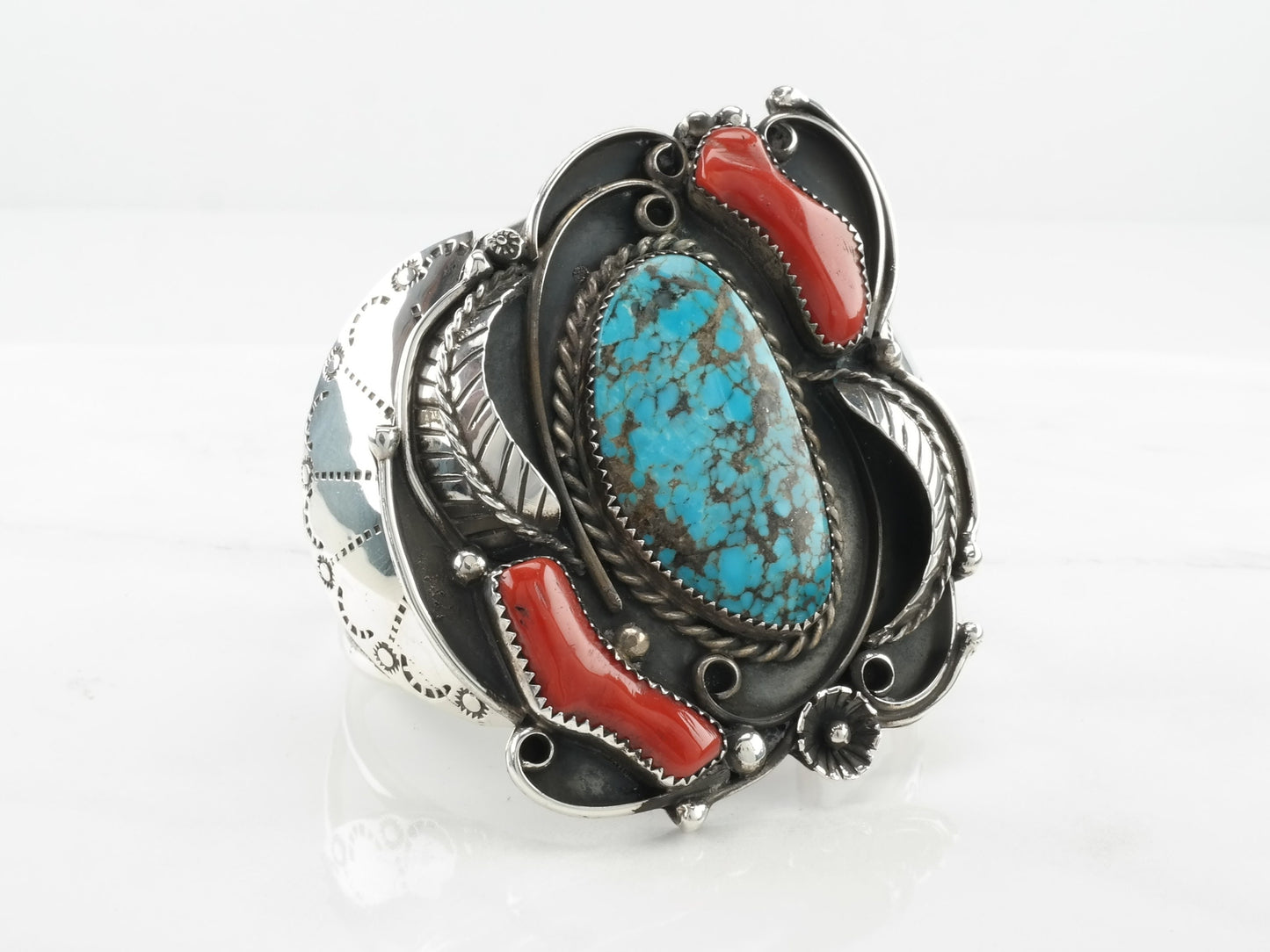 Native American Kewa Sterling Silver Cuff Bracelet Turquoise Coral