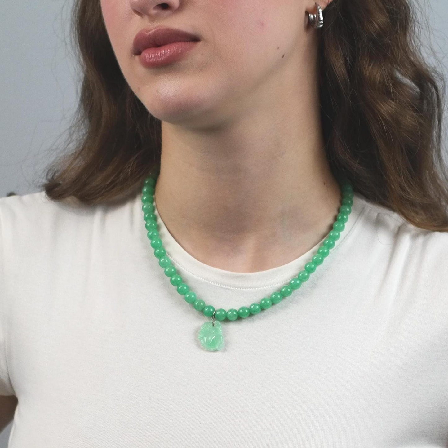 Vintage Green Jade Bead Necklace Carved Jade Monkey Pendant Sterling Silver N1963