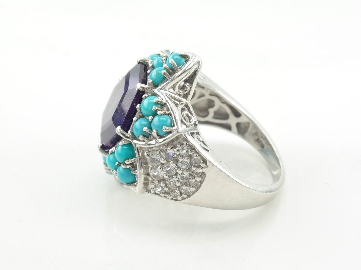 Vintage Cocktail Ring Amethyst Turquoise Star Sterling Silver Size 8 1/4