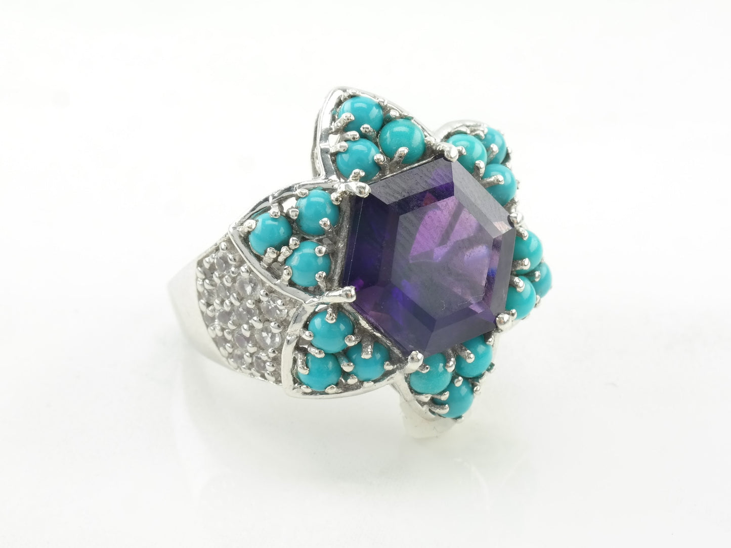 Vintage Cocktail Ring Amethyst Turquoise Star Sterling Silver Size 8 1/4