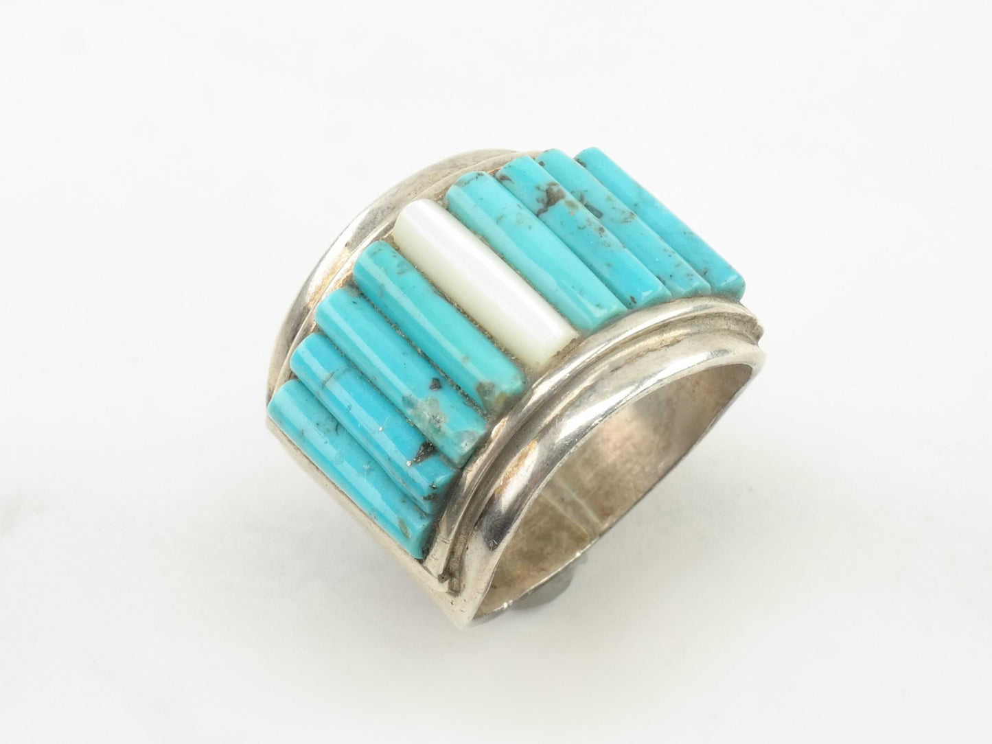 Vintage Southwest Sterling Silver Ring Turquoise MOP Cobblestone inlay Blue Size 10 1/4