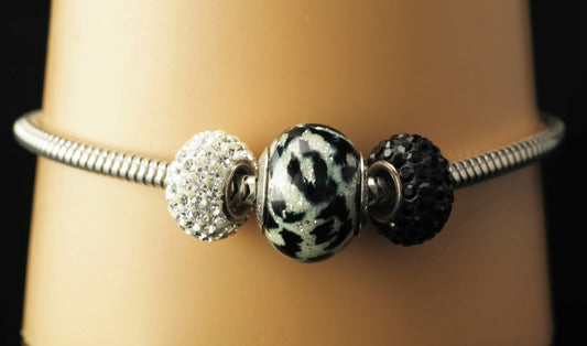 Zabel Charm Sterling Bracelet Silver 7"  Black White Murano